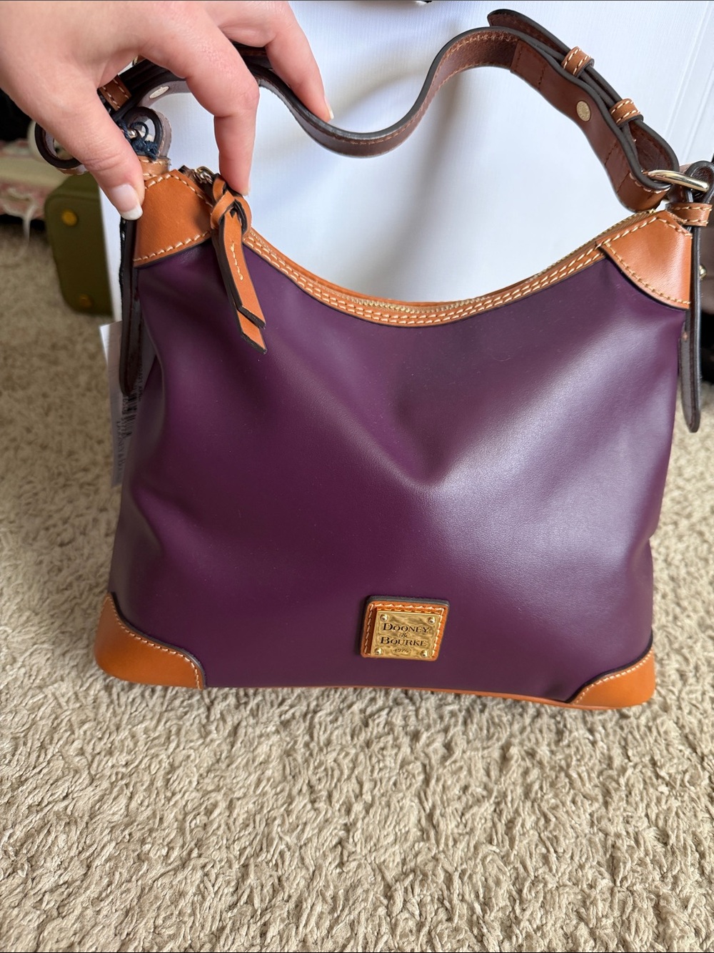 Dooney & Bourke Plum Shoulder Bag with Tan Leather Trim